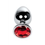 Silver anal plug TOYFA Metal with red round-shaped gem, length8 cm, diameter 2,4-4 cm, weight 140 gr