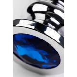 Silver anal plug TOYFA Metal with dark blue round-shaped gem, length 8,5 cm, diameter 2,5-3,8 cm, we