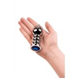 Silver anal plug TOYFA Metal with dark blue round-shaped gem, length 8,5 cm, diameter 2,5-3,8 cm, we