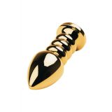 Gold anal plug TOYFA Metal with dark red round-shaped gem, length 8,5 cm, diameter 2,5-3,8 cm, weigh