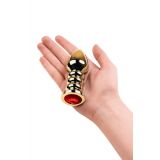 Gold anal plug TOYFA Metal with dark red round-shaped gem, length 8,5 cm, diameter 2,5-3,8 cm, weigh