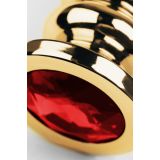 Gold anal plug TOYFA Metal with dark red round-shaped gem, length 8,5 cm, diameter 2,5-3,8 cm, weigh