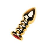 Gold anal plug TOYFA Metal with dark red round-shaped gem, length 8,5 cm, diameter 2,5-3,8 cm, weigh