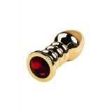 Gold anal plug TOYFA Metal with dark red round-shaped gem, length 8,5 cm, diameter 2,5-3,8 cm, weigh