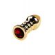 Gold anal plug TOYFA Metal with dark red round-shaped gem, length 8,5 cm, diameter 2,5-3,8 cm, weigh