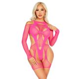 Бодістокінг Leg Avenue Fishnet Garter Harness and Teddy One Size Neon Pink