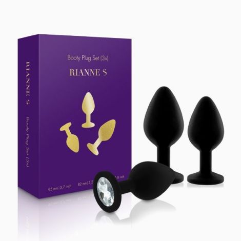 Набір силіконових анальних пробок із кристалом Rianne S: Booty Plug Set Black, діаметр 3,2см, 3,5см, 4,2см