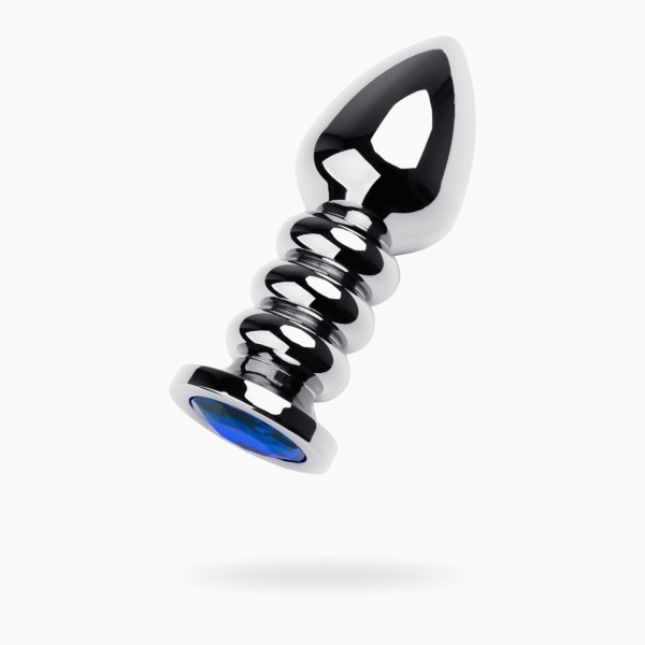 Silver anal plug TOYFA Metal with dark blue round-shaped gem, length 8,5 cm, diameter 2,5-3,8 cm, we