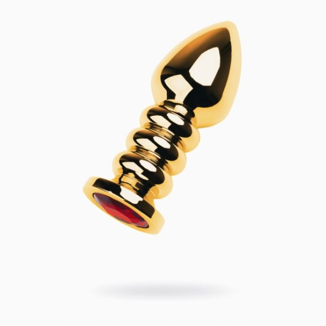 Gold anal plug TOYFA Metal with dark red round-shaped gem, length 8,5 cm, diameter 2,5-3,8 cm, weigh