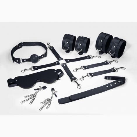 Набор Feral Feelings BDSM Kit 7 Black, наручники, поножи, коннектор, маска, паддл, кляп, зажимы