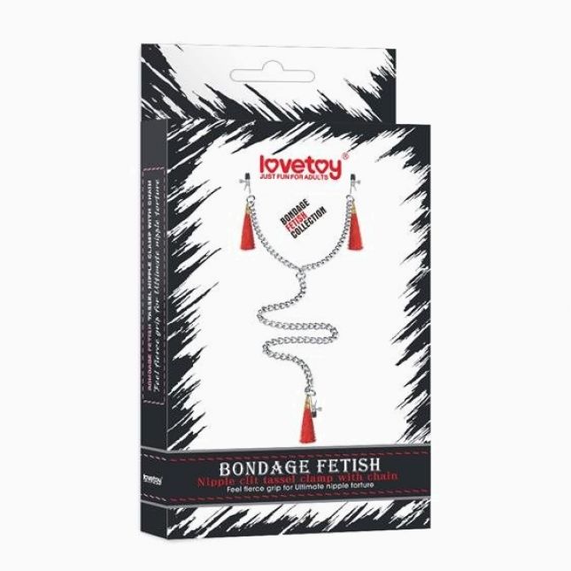 Зажими для сосків та клітора - Bondage Fetish Nipple Clit Tassel Clamp With Chain Red Зажими для сосків та клітора - Bondage Fetish Nipple Clit Tassel Clamp With Chain Red