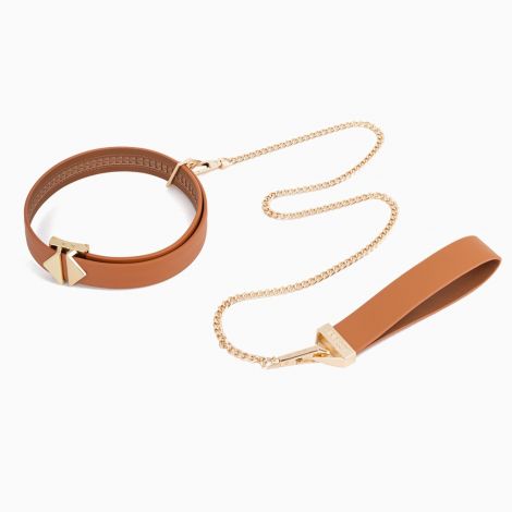 Ошейник с поводком LOCKINK Tied Collar with Leash Set, коричневый, цепь с кожаной петлей и карабином