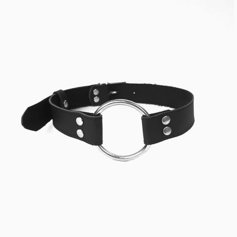 Кляп металлическое кольцо на ремнях Art of Sex – Gag Ring Metal, черный, натуральная кожа