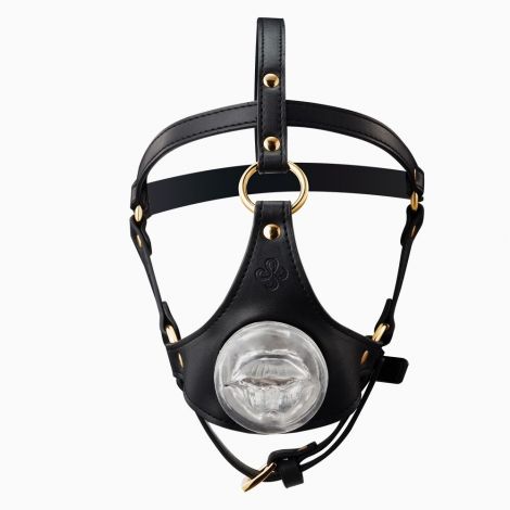 Маска-сбруя для минета LOCKINK SEVANDA Blowjob Head Harness, черная, с мягкой вставкой в виде губ