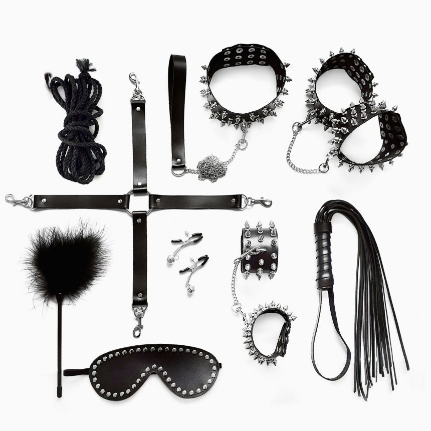 BDSM-набір Art of Sex – Spikes BDSM Set Leather, 10 предметів, чорний, натуральна шкіра BDSM-набір Art of Sex – Spikes BDSM Set Leather, 10 предметів, чорний, натуральна шкіра