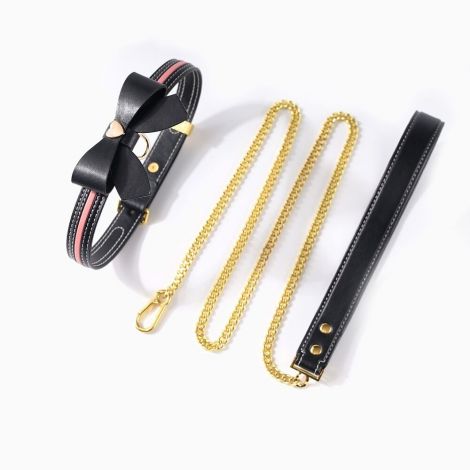 Ошейник с поводком LOCKINK SEVANDA Love Heart Butterfly Leather Collar Set, черно-розовый, с бантом
