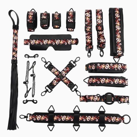 БДСМ-набор LOCKINK The Flowering Serpent Bondage Set, черный, с рисунком в виде змей, 12 предметов