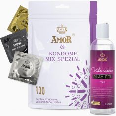 Презервативи та лубрикант - Amor Set Mix Condom, 100 шт. and Vibratissimo Play Gel Med, 250 мл