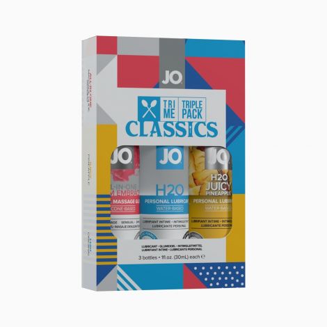 Набір JO Tri-Me Triple Pack — Classics (3×30 мл) водна, силіконова та смакова змазка