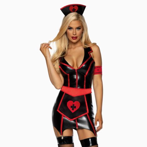 Вініловий костюм медсестри Leg Avenue Vinyl Naughty Nurse S, сукня, фартух, пов’язки на голову та руку