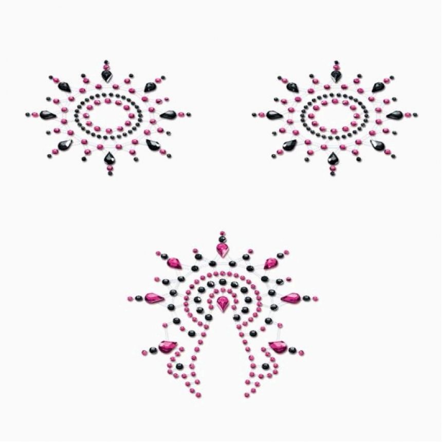 Пестіс з кристалів Petits Joujoux Gloria set of 3 - Black/Pink, прикраса на груди та вульву Пестіс з кристалів Petits Joujoux Gloria set of 3 - Black/Pink, прикраса на груди та вульву