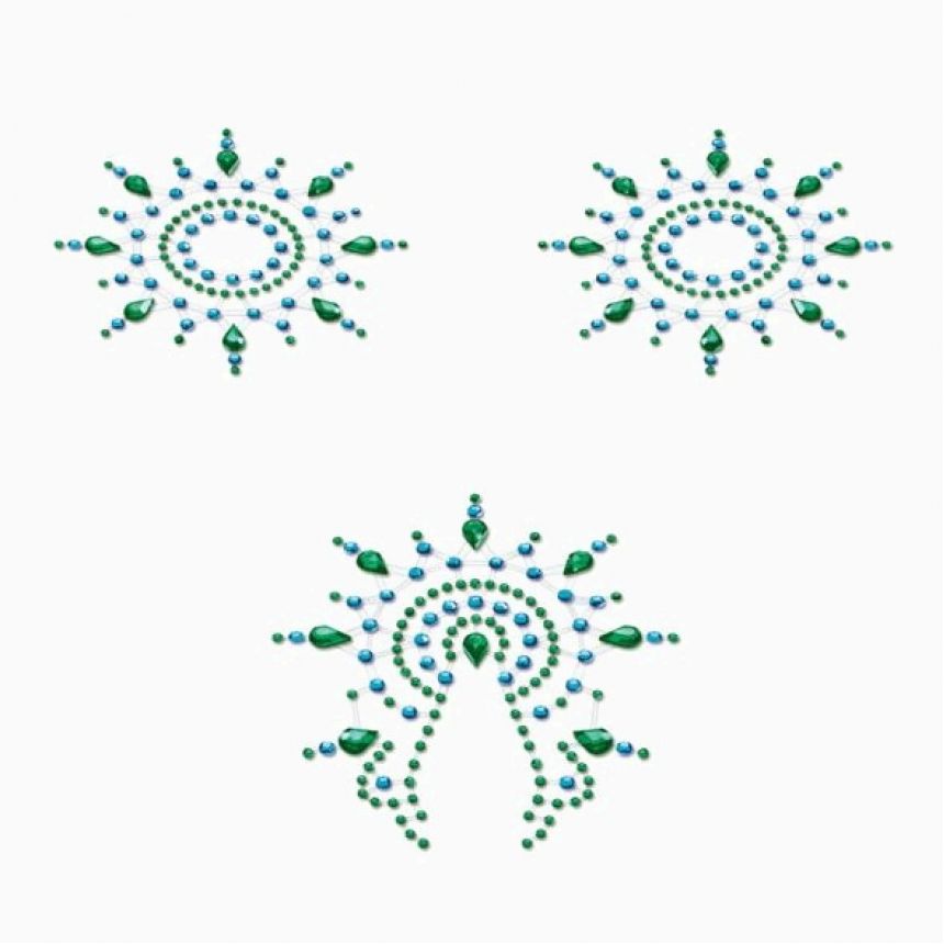 Пестіс з кристалів Petits Joujoux Gloria set of 3 - Green/Blue, прикраса на груди та вульву Пестіс з кристалів Petits Joujoux Gloria set of 3 - Green/Blue, прикраса на груди та вульву