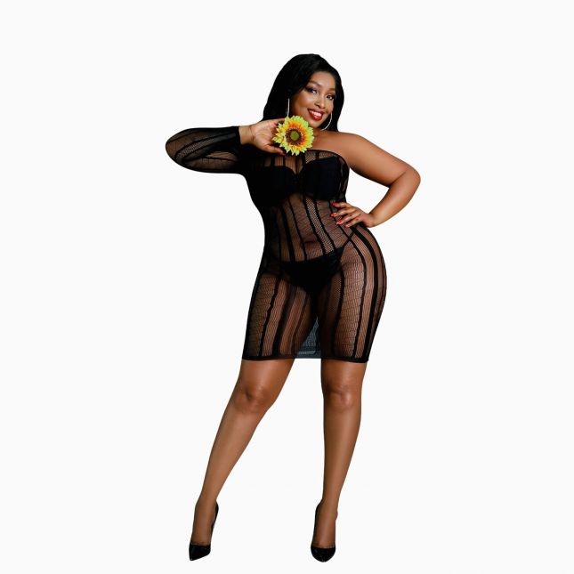 Платье-бодистокинг Moonlight Plus Model 05 XL-XXXL Black, закрытое одно плечо и рукав
