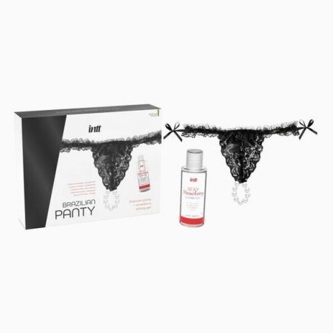 Набір Intt BRAZILIAN PANTY BLACK: трусики на резинці S-XL з перлинним кільцем + полунична змазка