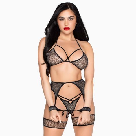 Комплект Leg Avenue Net Bra Top, String & Harness Set One Size Black