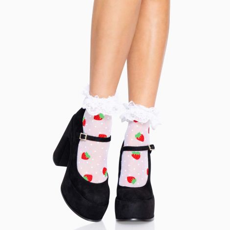 Шкарпетки жіночі з полуничним принтом Leg Avenue Strawberry ruffle top anklets One size, мереживні манжети