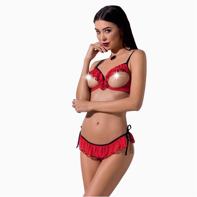 Комплект белья Passion Exclusive CHERRY SET OpenBra XXL/XXXL, red, открытый лиф, трусики-юбочка