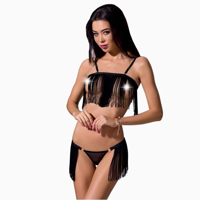 Комплект белья Passion Exclusive KASSANDRA SET OpenBra L/XL, black, лиф из бахромы, трусики-юбка