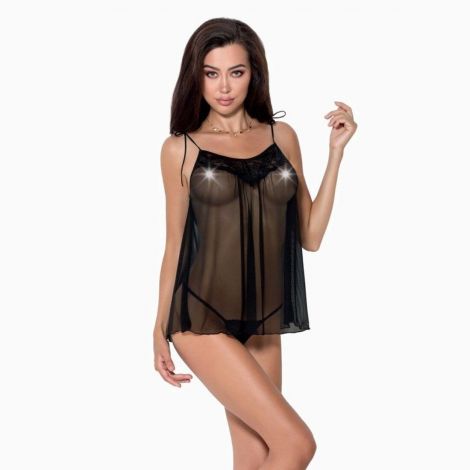 Сорочка прозора бебі-дол Passion MELANIA CHEMISE XXL/XXXL, black, трусики, на тонких бретелях