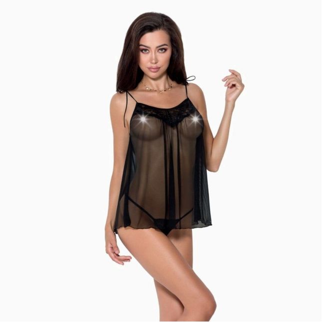 Сорочка прозрачная беби-долл Passion MELANIA CHEMISE XXL/XXXL, black, трусики, на тонких бретелях