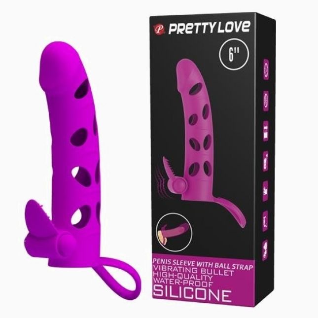 Насадка на член - Pretty Love Vibrating Penis Sleeve With Ball Strap 6" Purple Насадка на член - Pretty Love Vibrating Penis Sleeve With Ball Strap 6" Purple