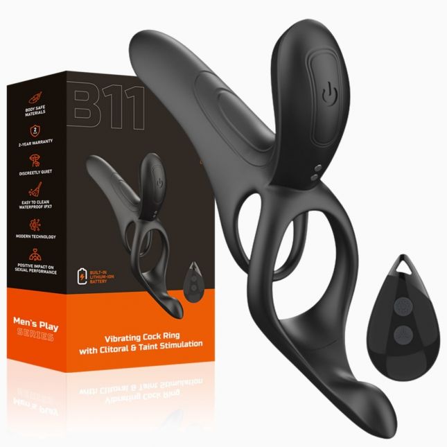 Вібраційне кільце - Erospace Men’s Play Vibrating Cock Ring With Clitoral & Taint Stimulation B11