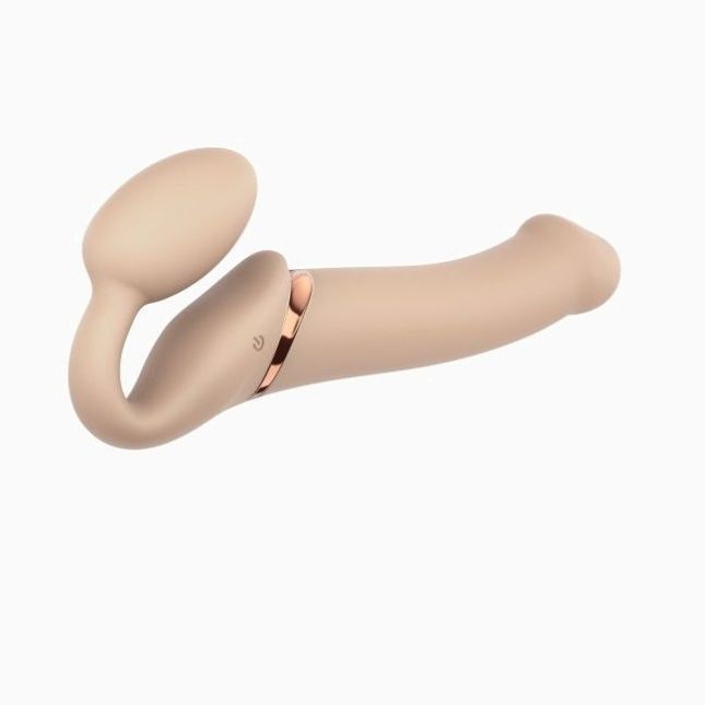 Безремневой страпон с вибрацией Strap-On-Me Vibrating Flesh L, диаметр 3,7см, пульт ДУ, регулируемый